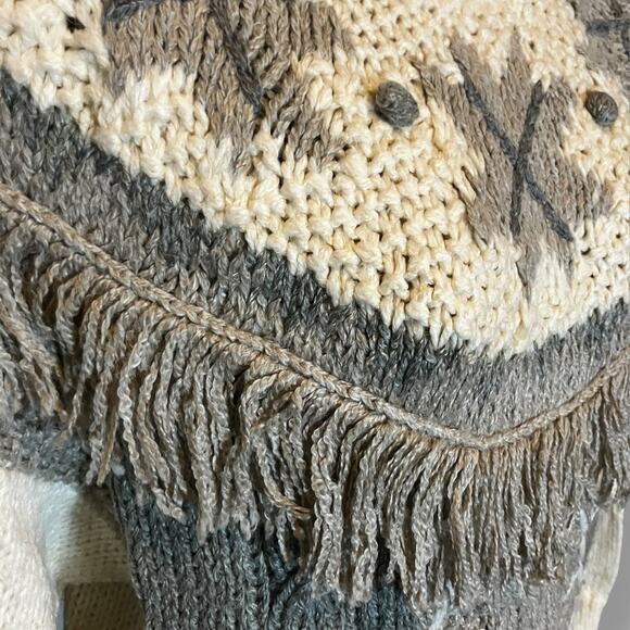Vintage Huntington Ridge Hand Knit Fringe Sweater L Cream Gray Nordic Western - Picture 3 of 7